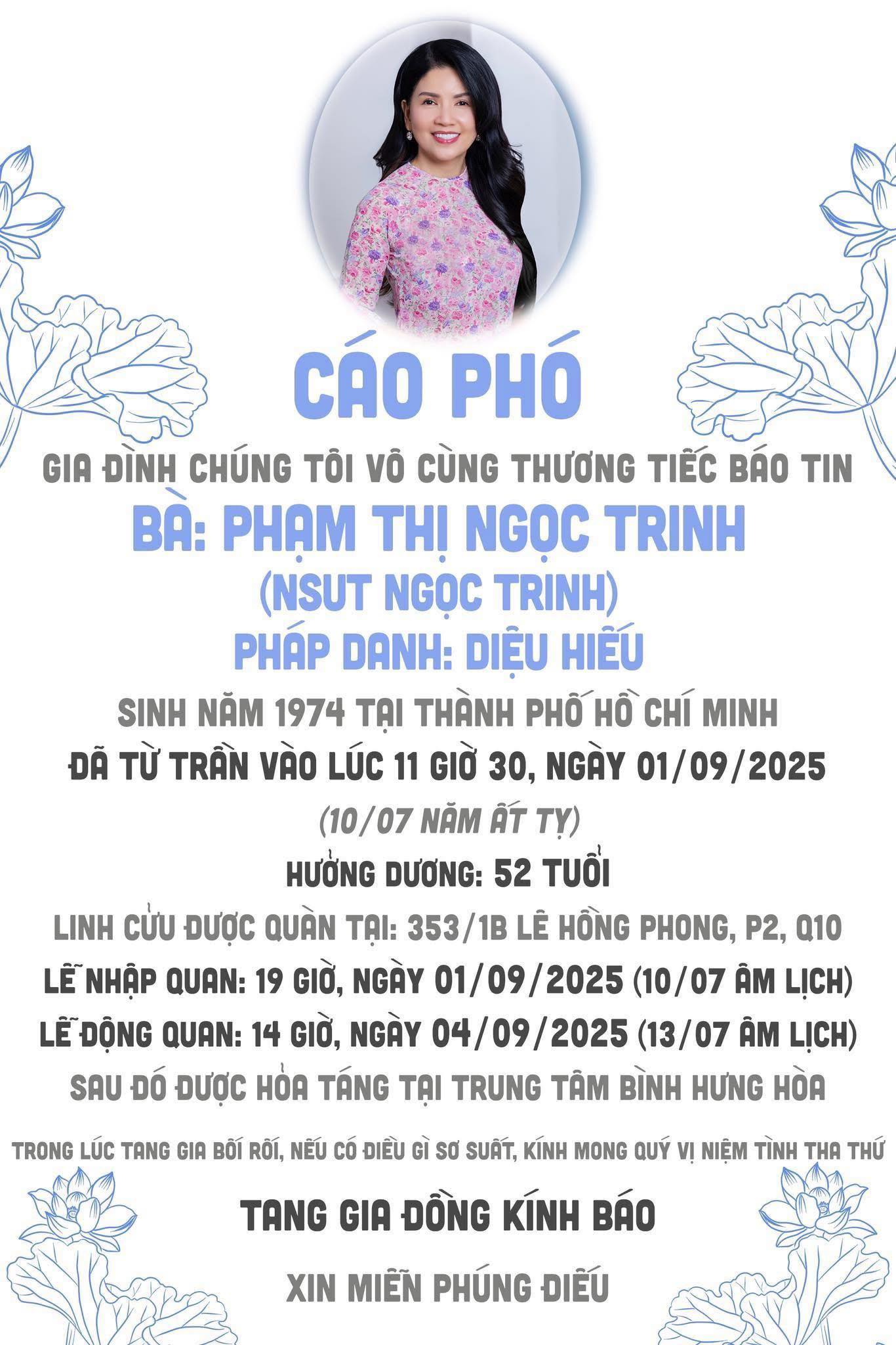 Cáo phó tang lễ NSƯT Ngọc Trinh