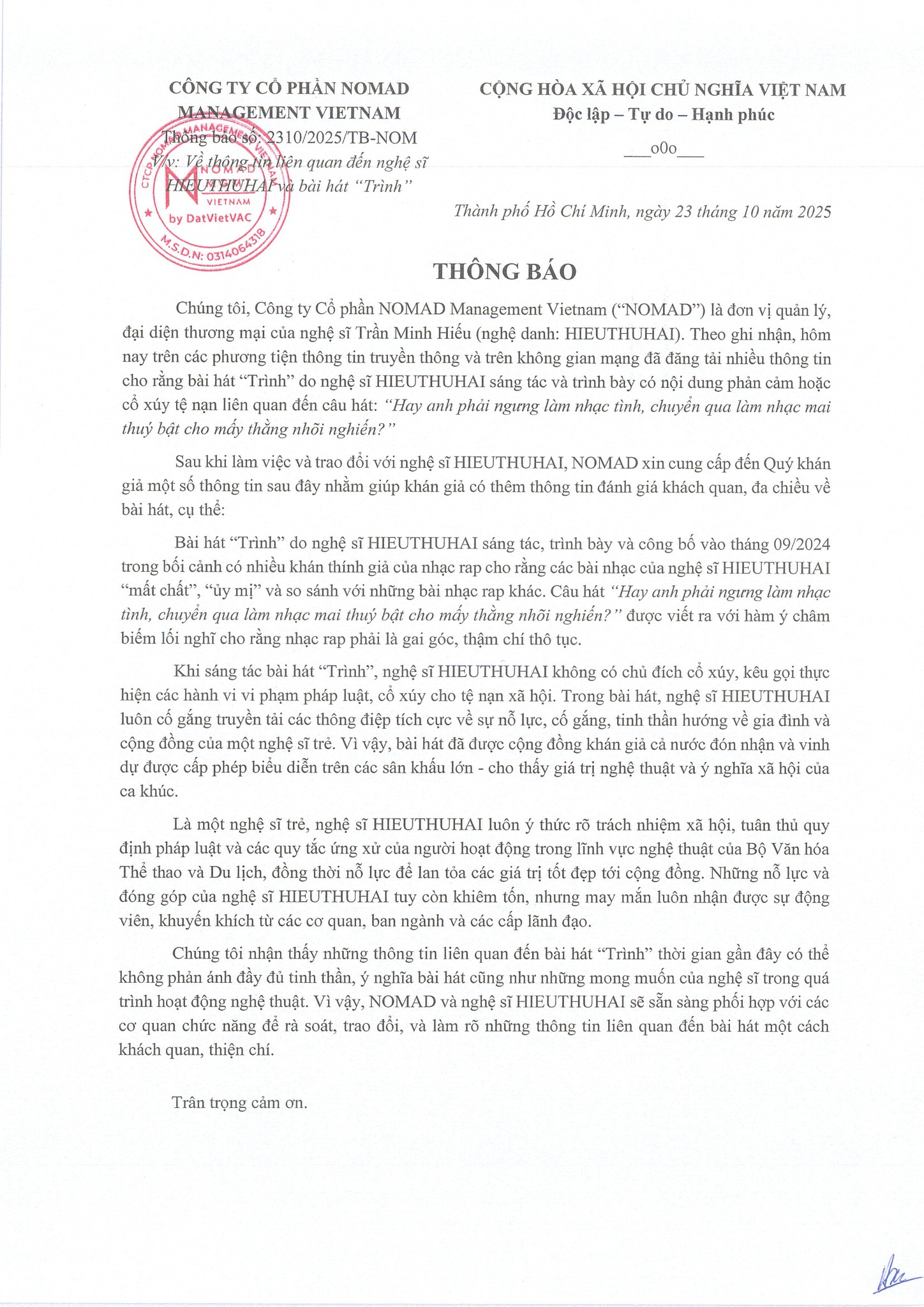 Thông cáo NOMAD Management Vietnam