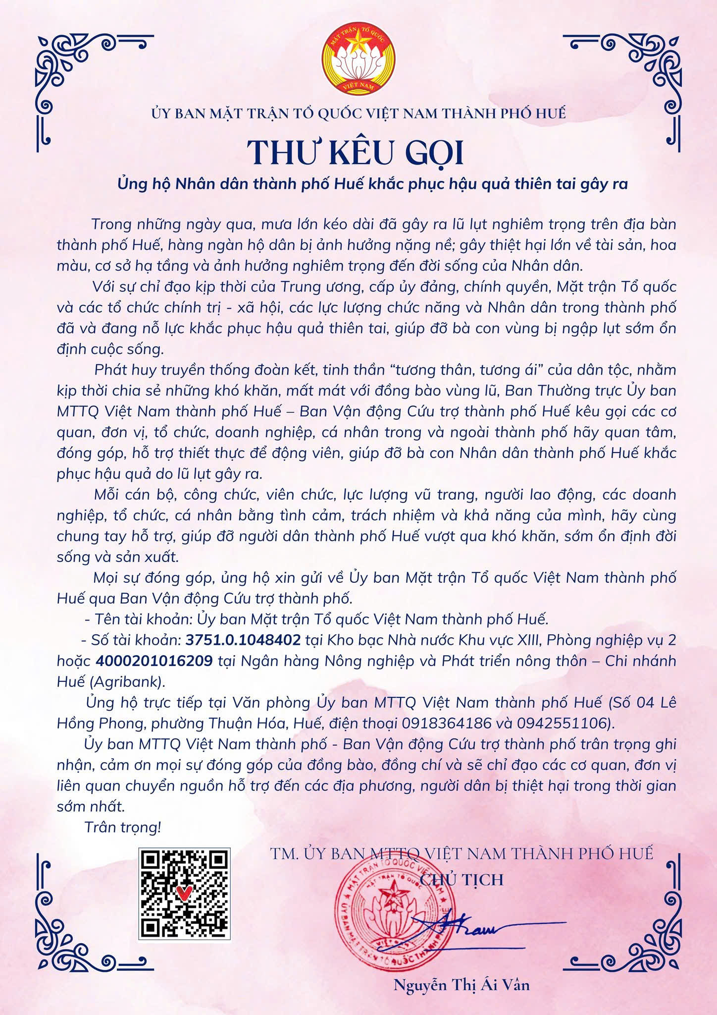 Thư kêu gọi hỗ trợ bà con vùng lũ Huế