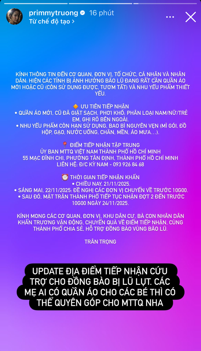 Primmy Trương cập nhật điểm nhận cứu trợ