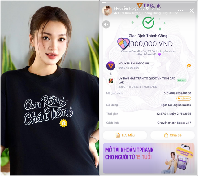 Ngọc Nữ gửi tiền giúp đỡ đồng bào vùng lũ