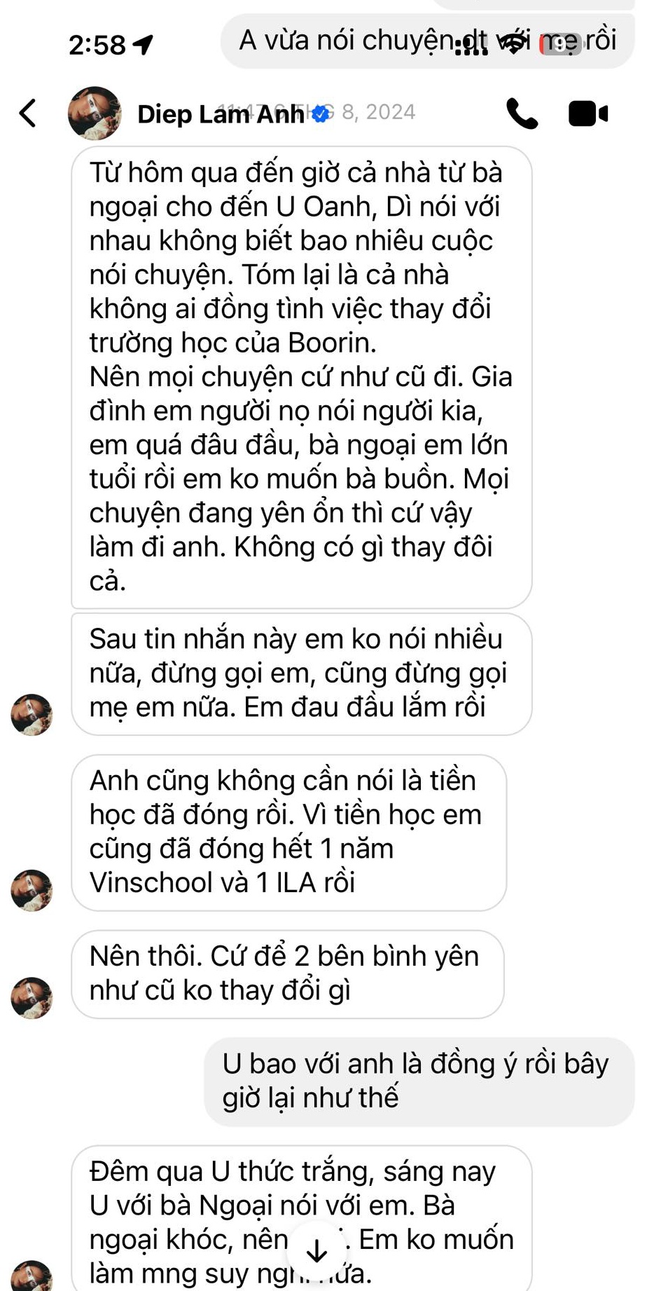 Ảnh chụp màn hình tin nhắn liên quan đến việc học hành của con gái