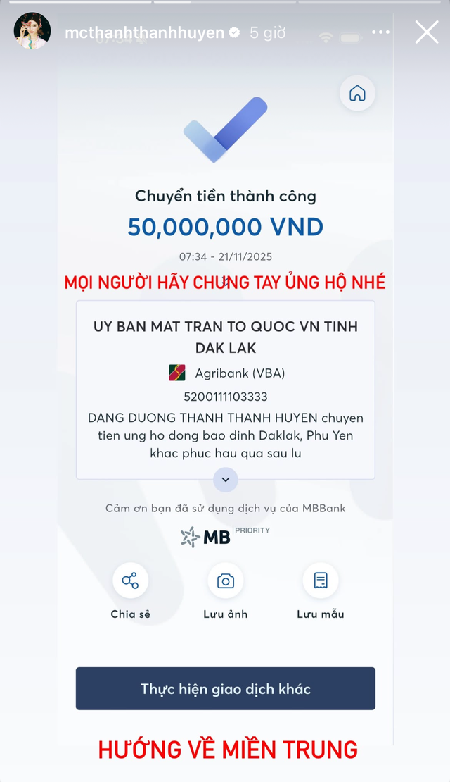 Nữ MC chuyển khoản hỗ trợ Đắk Lắk