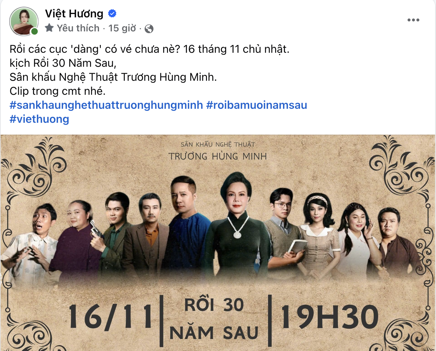 Nghệ sĩ Việt Hương kêu gọi vé ủng hộ vở kịch Việt Hương kêu gọi khán giả mua vé ủng hộ vở kịch ngày 16/11 tại TP.HCM