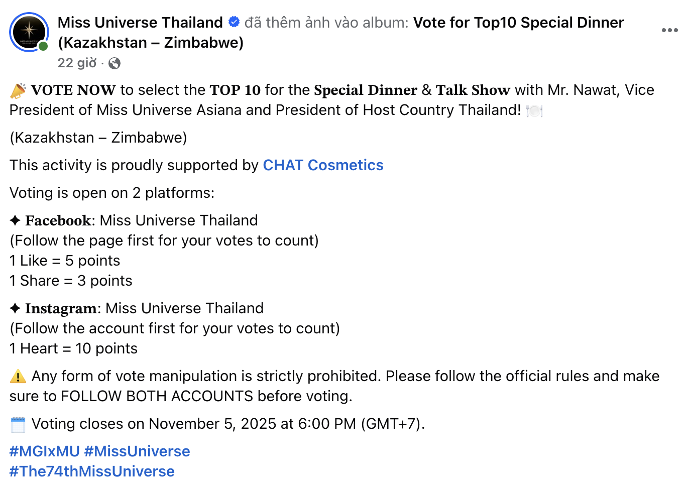 Biến căng: Miss Universe và ông Nawat đấu tố như cái chợ, kết quả của Hương Giang sẽ bị huỷ?- Ảnh 1. Miss Universe Thailand mở cuộc bầu chọn tìm Top 10 thí sinh giao lưu với ông Nawat